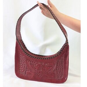Vintage Burgundy Tooled Leather Hobo Bag Floral Leaders in Leather